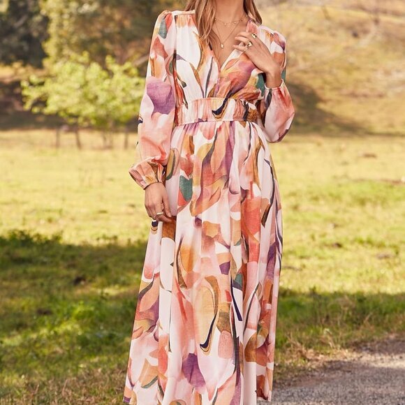 2024‎ Fall Boho Maxi Dress - Long Sleeve, V Neck, Flowy, Printed Beach Style - Picture 4 of 6